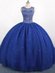 Scoop Sleeveless Sweet 16 Quinceanera Dress Floor Length Beading Royal Blue Tulle