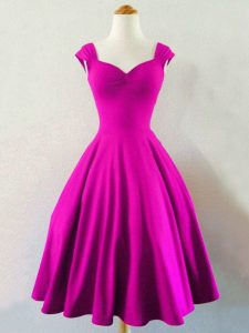 Fantastic Fuchsia Taffeta Lace Up Straps Sleeveless Knee Length Wedding Party Dress Ruching