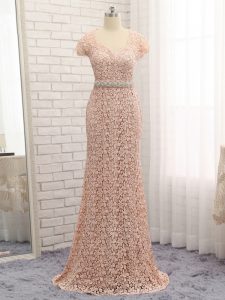 Peach Column/Sheath Lace Sweetheart Cap Sleeves Beading and Belt Floor Length Zipper Mother Of The Bride Dress