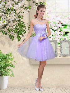 Sleeveless Lace Up Knee Length Lace and Belt Court Dresses for Sweet 16