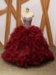 Pretty Ball Gowns Sleeveless Burgundy Quinceanera Dress Brush Train Lace Up