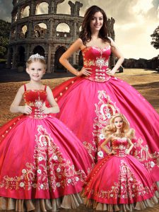New Arrival Sleeveless Floor Length Beading and Embroidery Lace Up Quince Ball Gowns with Hot Pink