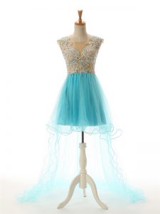 Scoop Sleeveless Backless Prom Dresses Aqua Blue Tulle