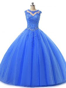 Stylish Blue Lace Up Quinceanera Dress Beading and Lace Sleeveless Floor Length