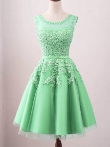 Green A-line Tulle Scoop Sleeveless Lace Knee Length Lace Up Wedding Guest Dresses