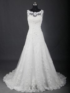 Customized White Scoop Lace Up Lace Wedding Gown Brush Train Sleeveless