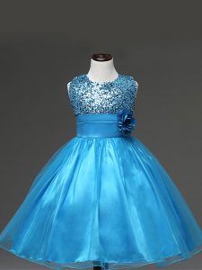 High End Baby Blue Ball Gowns Sequins and Hand Made Flower Little Girls Pageant Gowns Zipper Tulle Sleeveless Knee Lengt