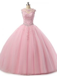 Baby Pink Tulle Lace Up Vestidos de Quinceanera Sleeveless Floor Length Beading and Lace
