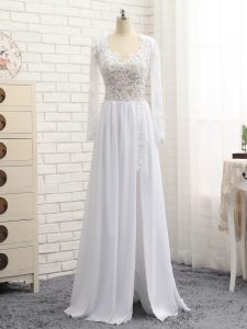 Delicate Floor Length White Dress for Prom Chiffon Long Sleeves Lace and Appliques
