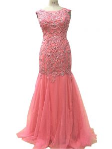Watermelon Red Zipper Evening Gowns Beading and Lace and Appliques Sleeveless Floor Length