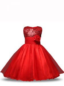 Red Ball Gowns Organza Scoop Sleeveless Sequins and Hand Made Flower Knee Length Zipper Child Pageant Dress