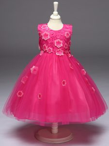 Knee Length Hot Pink Little Girls Pageant Dress Tulle Sleeveless Appliques and Bowknot