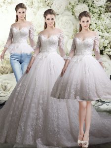 Fantastic 3 4 Length Sleeve Lace Zipper Wedding Dress with White Chapel Train