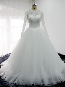 Great White Wedding Gowns Tulle Brush Train Long Sleeves Lace and Appliques