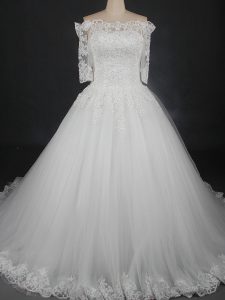 Classical Floor Length White Wedding Dress Off The Shoulder Half Sleeves Lace Up