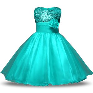 Sleeveless Knee Length Bowknot and Belt and Hand Made Flower Zipper Flower Girl Dresses for Less with Turquoise