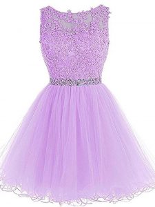 Stunning Tulle Scoop Sleeveless Zipper Beading and Lace and Appliques Prom Party Dress in Lavender
