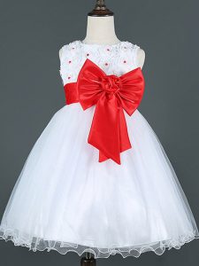 On Sale Knee Length Zipper Flower Girl Dress White for Wedding Party with Bowknot