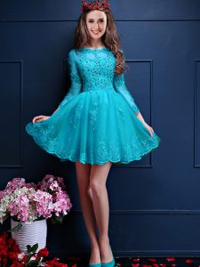 Colorful Aqua Blue Lace Up Bridesmaid Dress Beading and Lace and Appliques 3 4 Length Sleeve Mini Length
