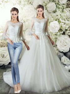 Fancy White Wedding Dresses Tulle Court Train 3 4 Length Sleeve Lace