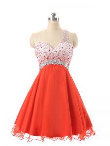 One Shoulder Sleeveless Backless Prom Gown Orange Red Chiffon and Tulle