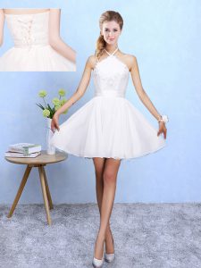 Latest Mini Length Lace Up Wedding Party Dress White for Beach and Wedding Party with Lace and Appliques