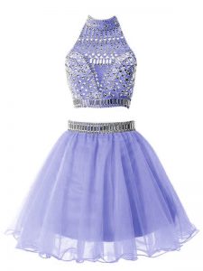 Customized Lavender Sleeveless Knee Length Beading Zipper Wedding Guest Dresses
