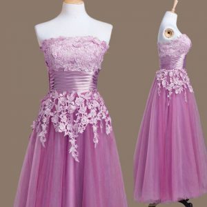 Strapless Sleeveless Tulle Bridesmaid Gown Appliques Lace Up