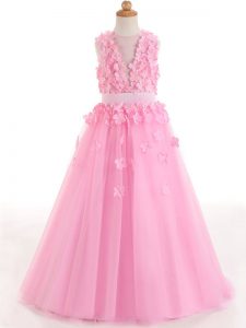 Sleeveless Floor Length Appliques and Bowknot Zipper Little Girls Pageant Gowns with Rose Pink