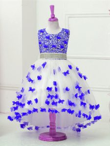 Blue And White Ball Gowns Appliques and Sequins Toddler Flower Girl Dress Zipper Tulle Sleeveless High Low