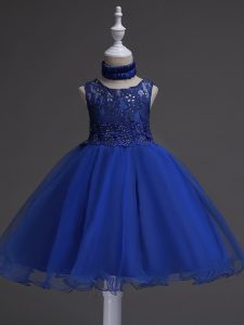 Sleeveless Organza Knee Length Zipper Toddler Flower Girl Dress in Royal Blue with Beading and Lace