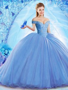 Shining Blue Organza Lace Up Off The Shoulder Sleeveless Quince Ball Gowns Brush Train Beading