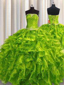 Clearance Olive Green Ball Gowns Organza Strapless Sleeveless Beading and Ruffles Floor Length Lace Up Sweet 16 Dress