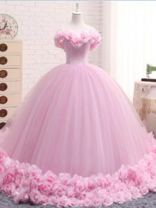 Suitable Baby Pink Ball Gowns Tulle Off The Shoulder Sleeveless Hand Made Flower Lace Up Sweet 16 Dress Brush Train