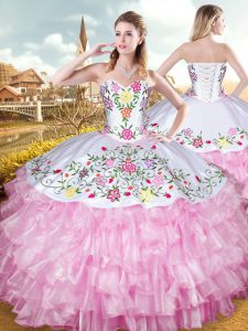 Rose Pink Organza and Taffeta Lace Up Sweetheart Sleeveless Floor Length 15th Birthday Dress Embroidery and Ruffled Laye