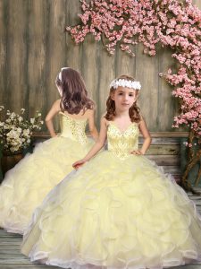 Sleeveless Tulle Floor Length Lace Up Kids Formal Wear in Light Yellow with Beading and Ruffles