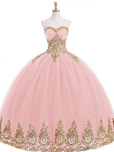 Captivating Sleeveless Tulle Floor Length Lace Up Ball Gown Prom Dress in Baby Pink with Appliques