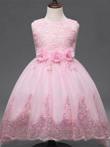 Enchanting Baby Pink Zipper Flower Girl Dress Lace and Appliques and Bowknot and Hand Made Flower Sleeveless High Low