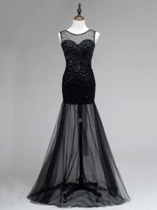 Black Empire Beading Prom Dresses Backless Tulle Sleeveless Floor Length