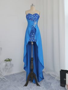 Sophisticated Empire Evening Dress Blue Sweetheart Elastic Woven Satin Sleeveless High Low Zipper
