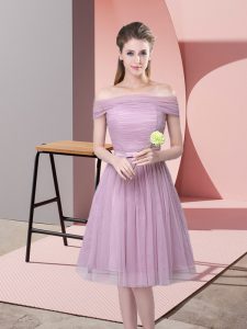 Exquisite Lavender Tulle Side Zipper Off The Shoulder Sleeveless Knee Length Quinceanera Court of Honor Dress Ruching an