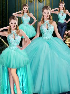 Delicate Aqua Blue Sleeveless Beading and Pick Ups Floor Length Ball Gown Prom Dress