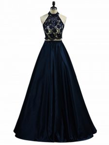Halter Top Sleeveless Prom Gown Floor Length Lace and Appliques Navy Blue Taffeta