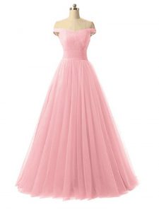 Luxury Baby Pink Sleeveless Ruching Floor Length Evening Dress