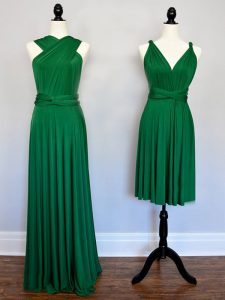 Floor Length Dark Green Bridesmaid Dress Halter Top Sleeveless Lace Up