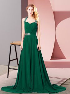 Amazing Dark Green Prom Gown Halter Top Sleeveless Brush Train Zipper