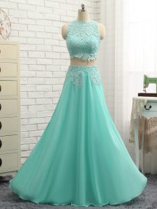 Super Sleeveless Chiffon Floor Length Side Zipper Homecoming Dress in Apple Green with Appliques