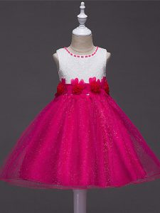 Hot Pink Scoop Zipper Lace and Hand Made Flower Little Girls Pageant Dress Wholesale Sleeveless