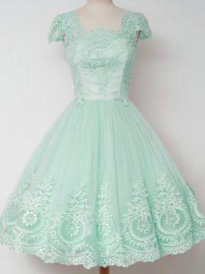 Apple Green Cap Sleeves Lace Knee Length Wedding Party Dress