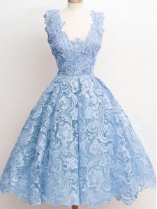 Knee Length Zipper Quinceanera Court Dresses Light Blue for Prom and Party and Wedding Party with Lace